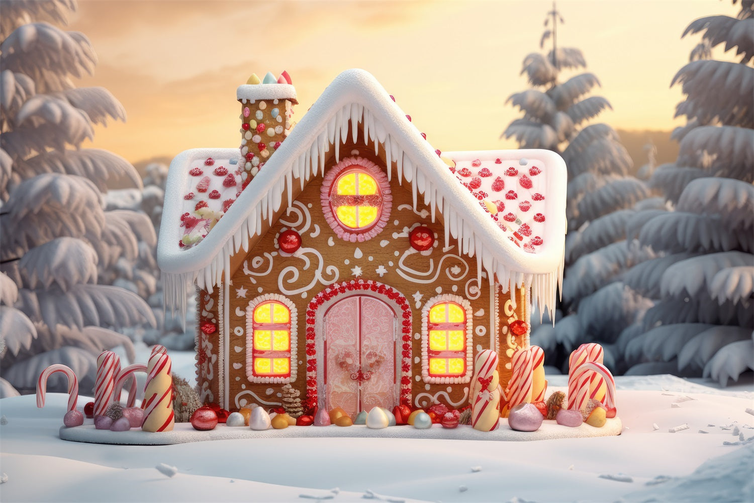 Cute Gingerbread House Winter Snowy Pines Backdrop BRP9-281