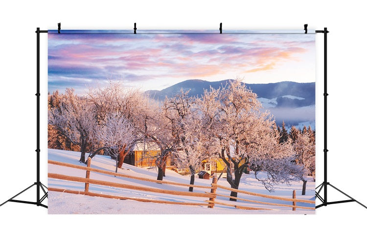 Pink Sky Winter Trees Farmhouse Photography Backdrop BRP9-282