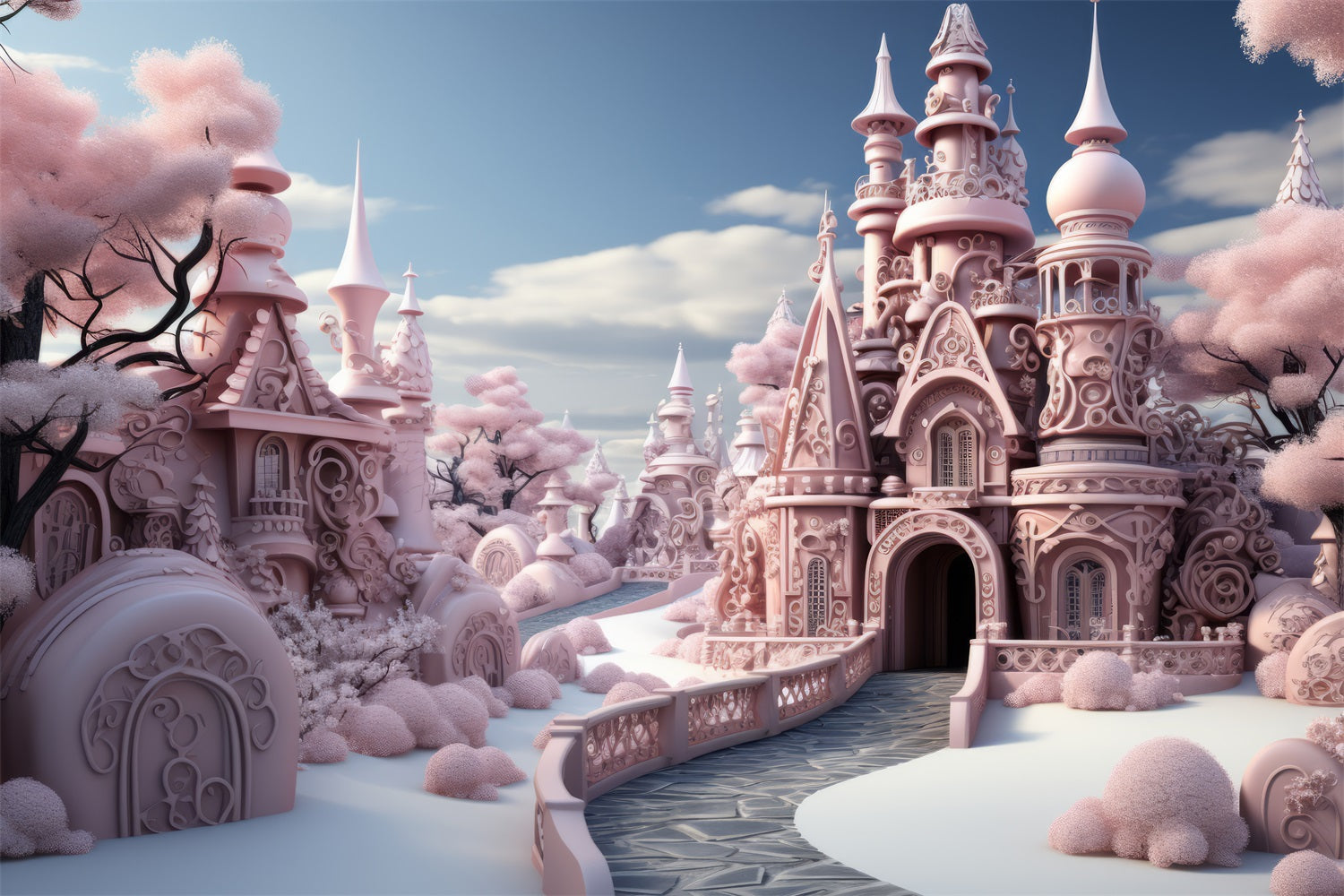 Fairytale Pink Winter Castle Fantasy Backdrop BRP9-286