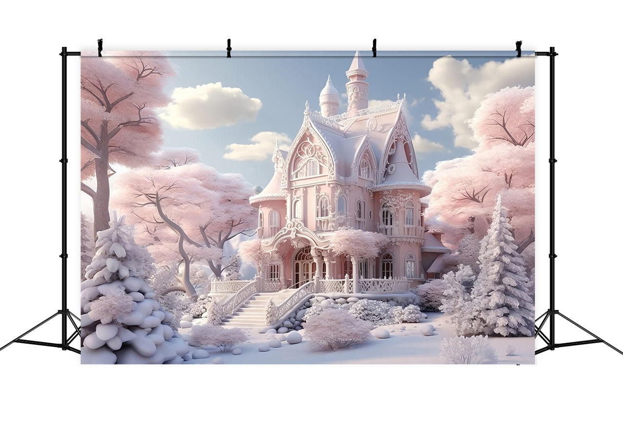 Snowy Pink Castle Winter Fairytale Backdrop BRP9-287