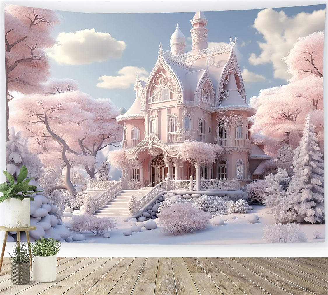 Snowy Pink Castle Winter Fairytale Backdrop BRP9-287