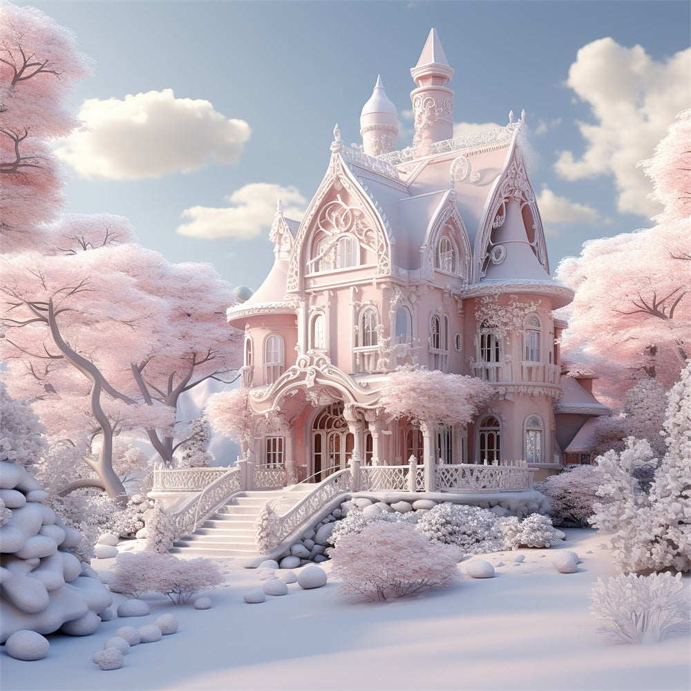 Snowy Pink Castle Winter Fairytale Backdrop BRP9-287