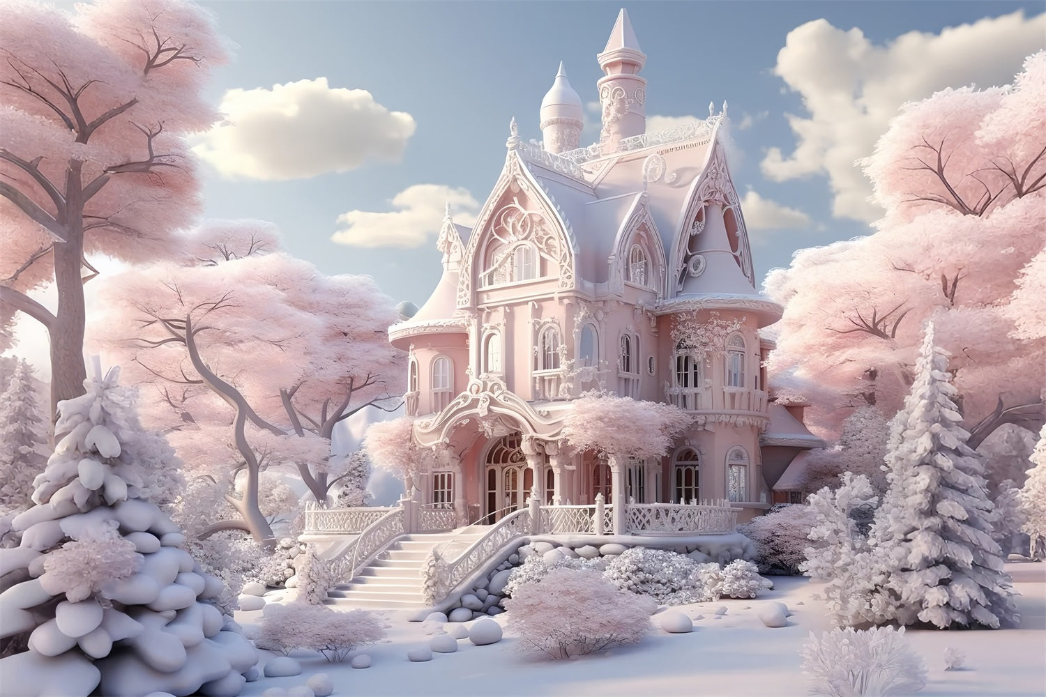 Snowy Pink Castle Winter Fairytale Backdrop BRP9-287