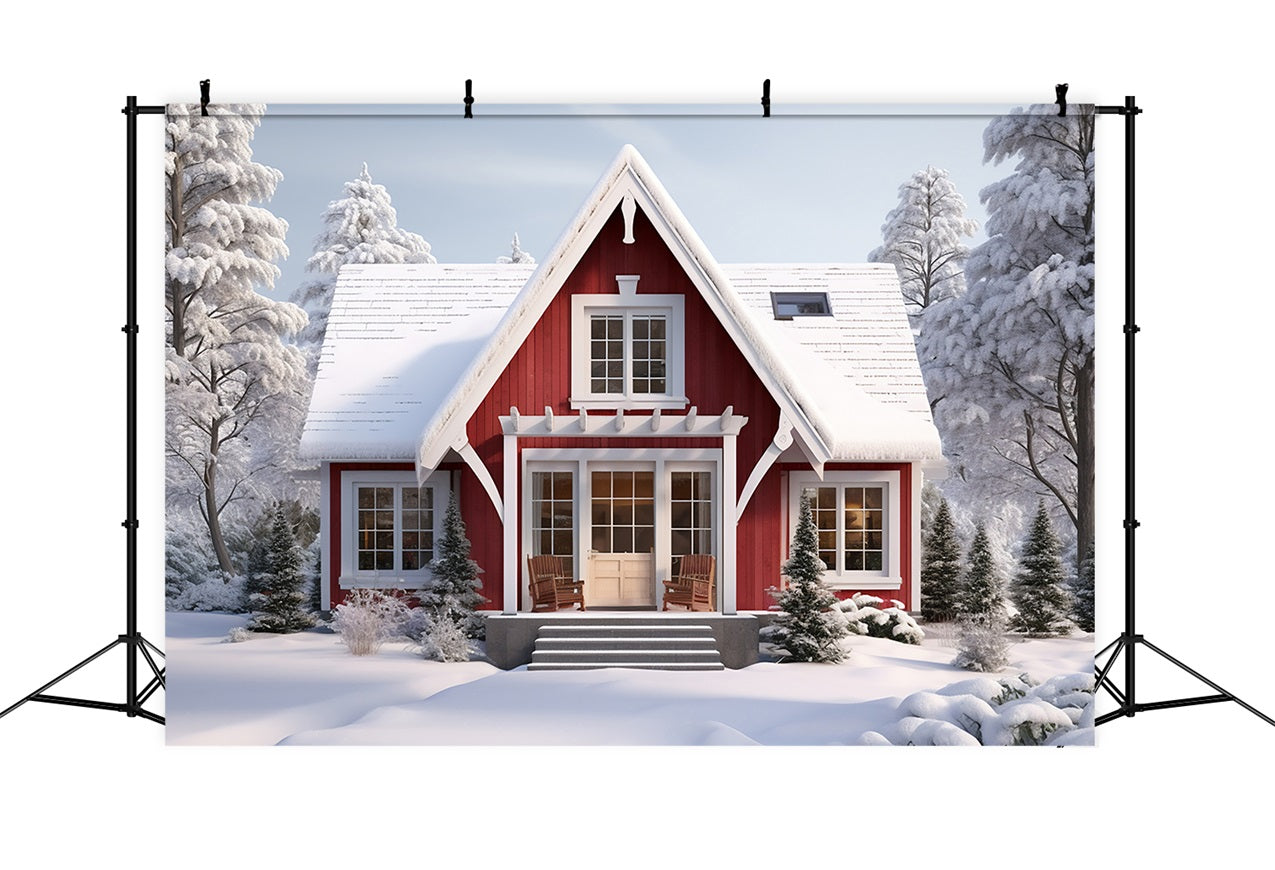 Winter Retreat Snowy Forest Red Cabin Backdrop BRP9-290