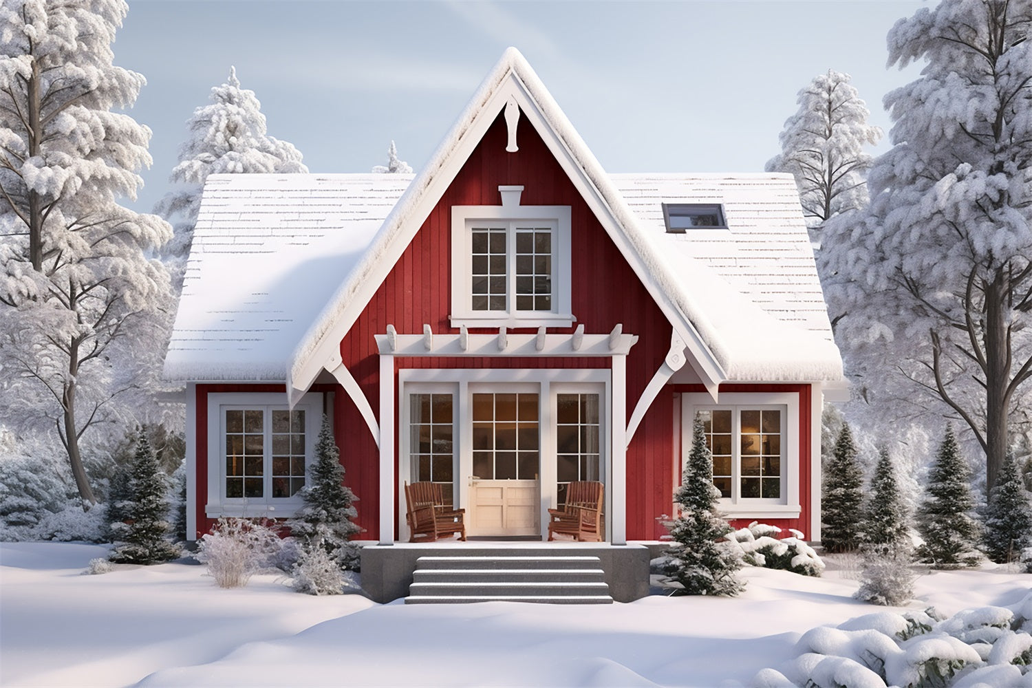 Winter Retreat Snowy Forest Red Cabin Backdrop BRP9-290