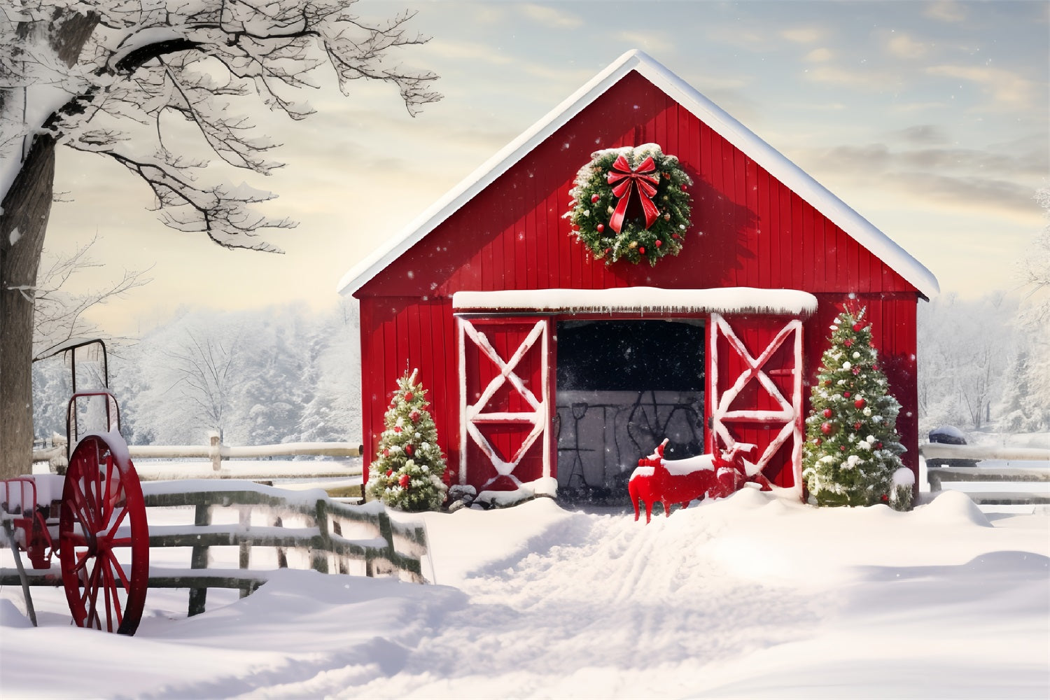 Winter Snowy Rustic Barn Photography Backdrop BRP9-291