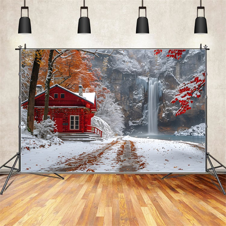 Winter Snowy Red Cabin Flowing Waterfall Backdrop BRP9-292