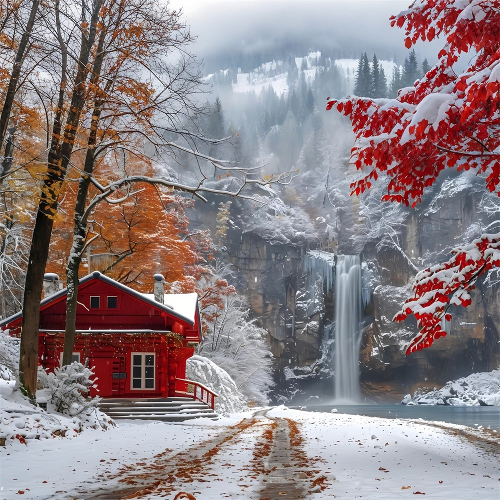 Winter Snowy Red Cabin Flowing Waterfall Backdrop BRP9-292