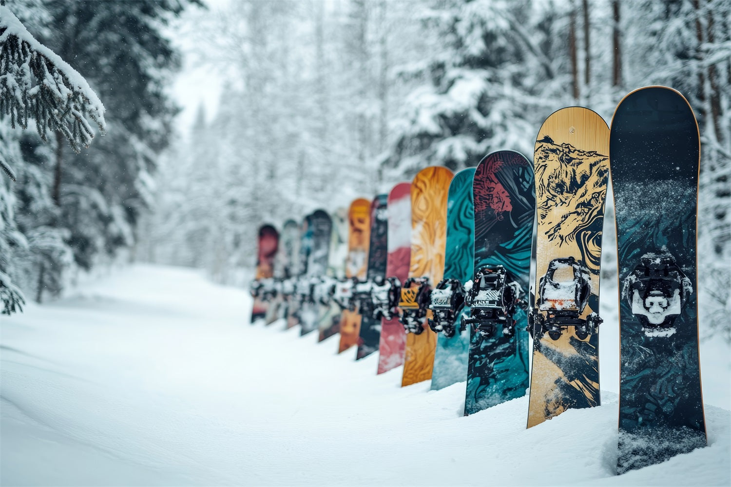 Colorful Snowboards Winter Snowy Forest Backdrop BRP9-303