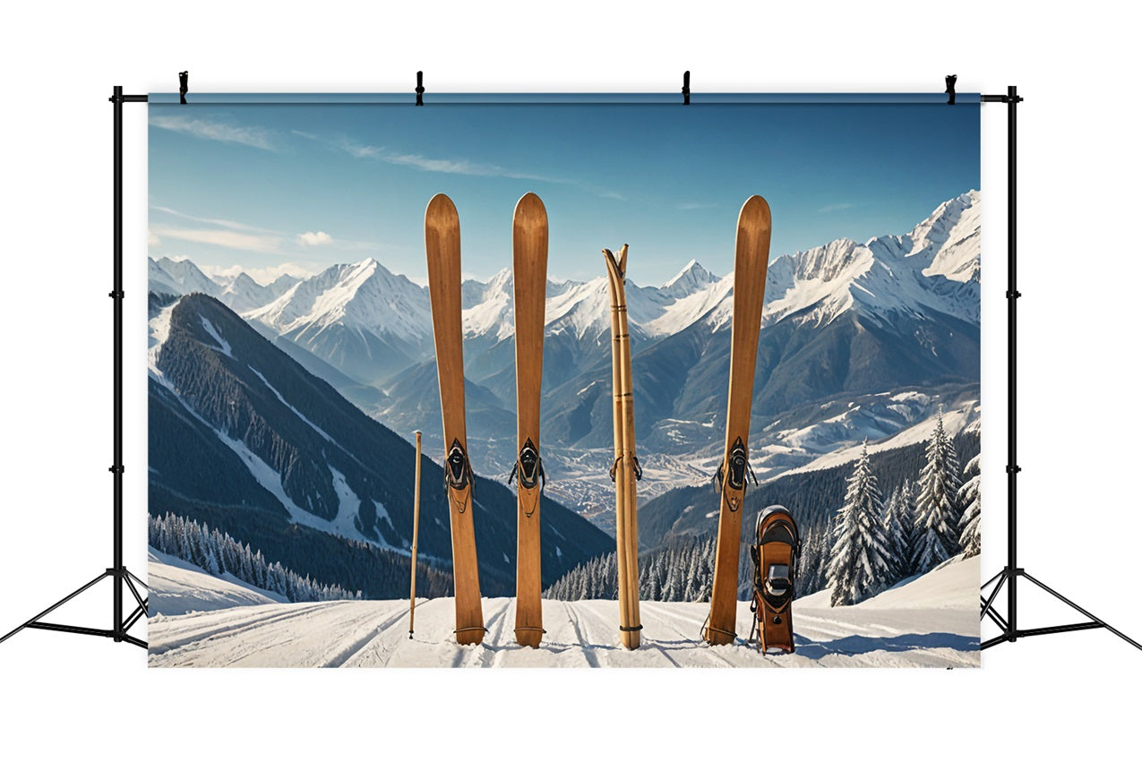 Wooden Skis Winter Mountain Landscape Backdrop BRP9-304