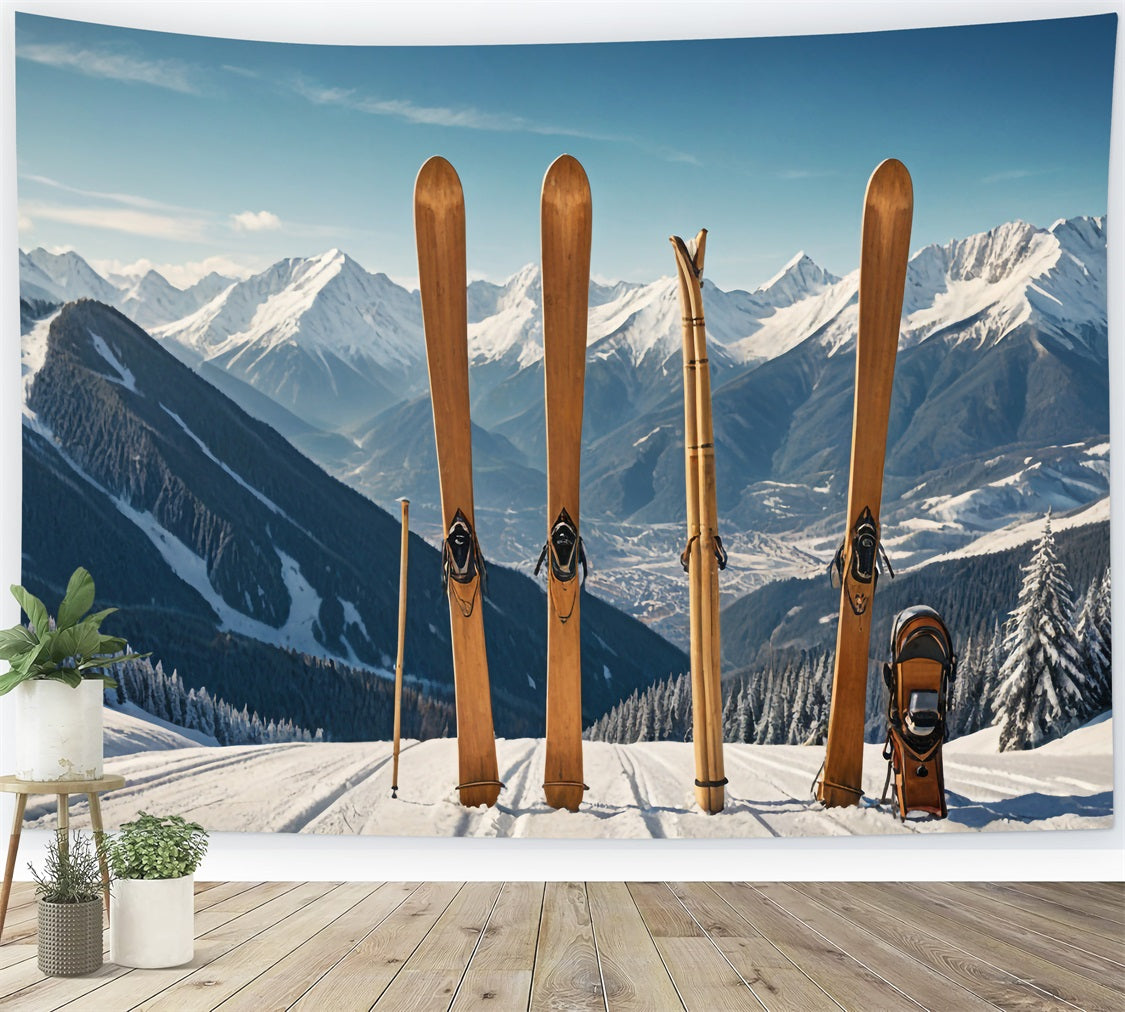 Wooden Skis Winter Mountain Landscape Backdrop BRP9-304