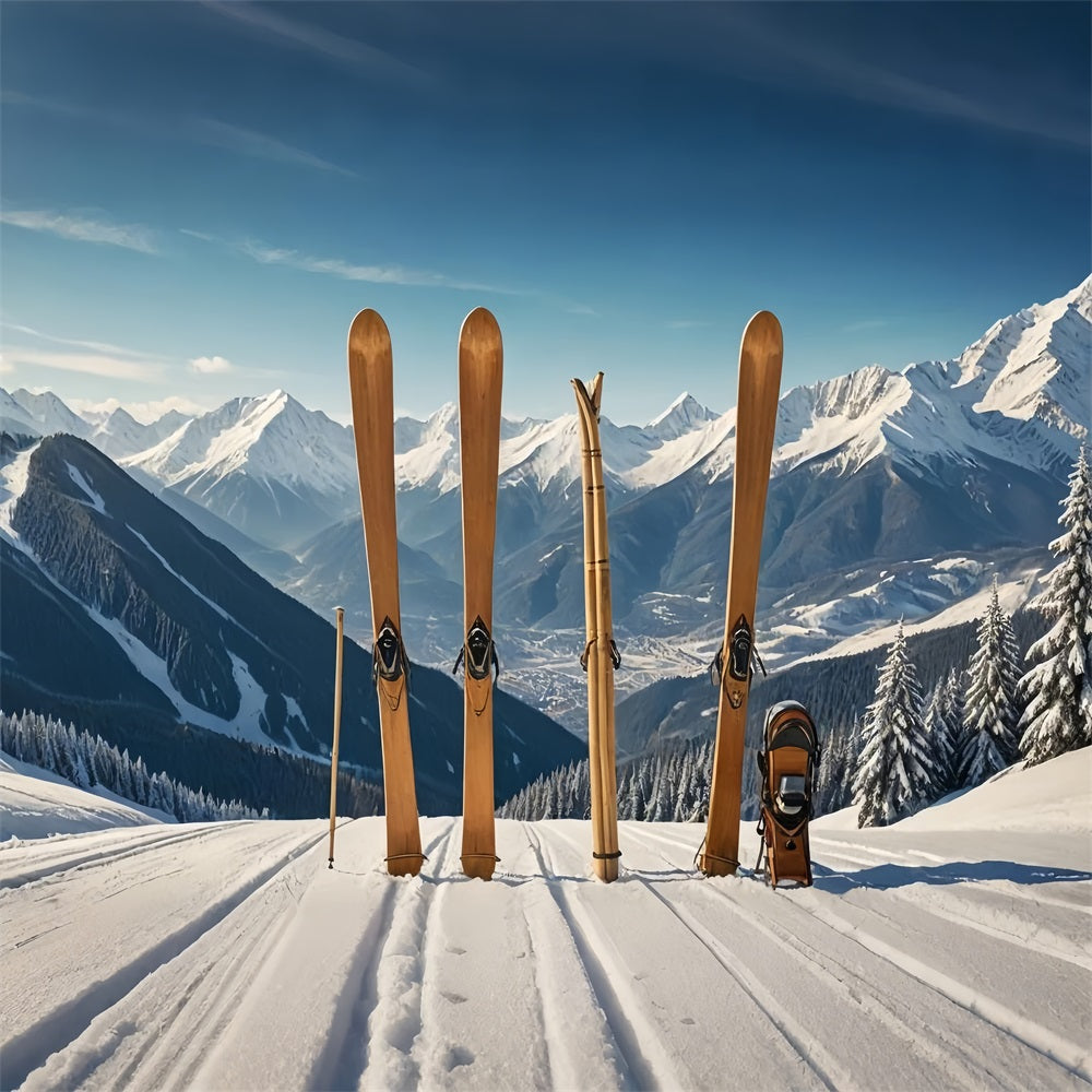 Wooden Skis Winter Mountain Landscape Backdrop BRP9-304