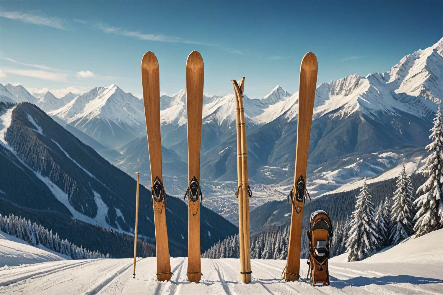 Wooden Skis Winter Mountain Landscape Backdrop BRP9-304