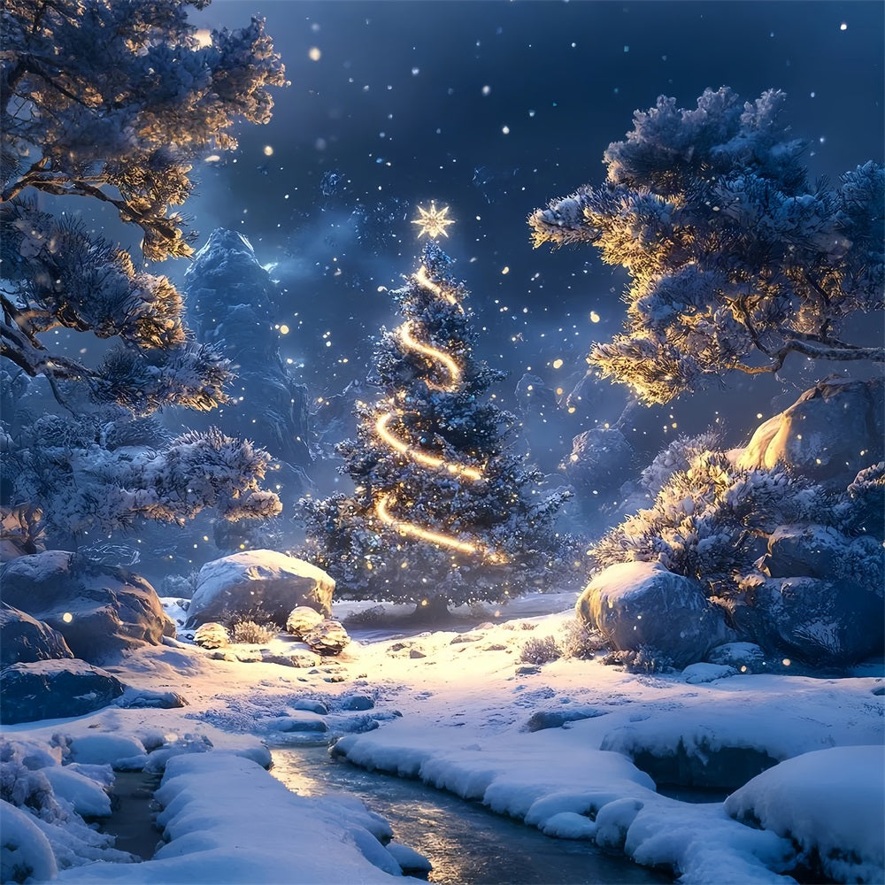 Glowing Fir Tree Winter Forest Night Backdrop BRP9-307