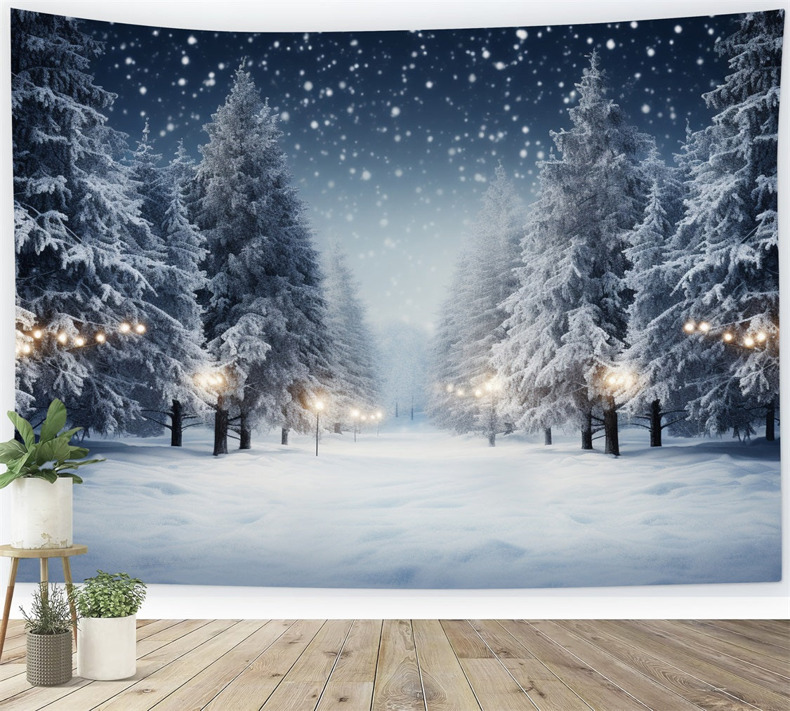 Winter Snowy Night Pine Trees Photography Backdrop BRP9-312