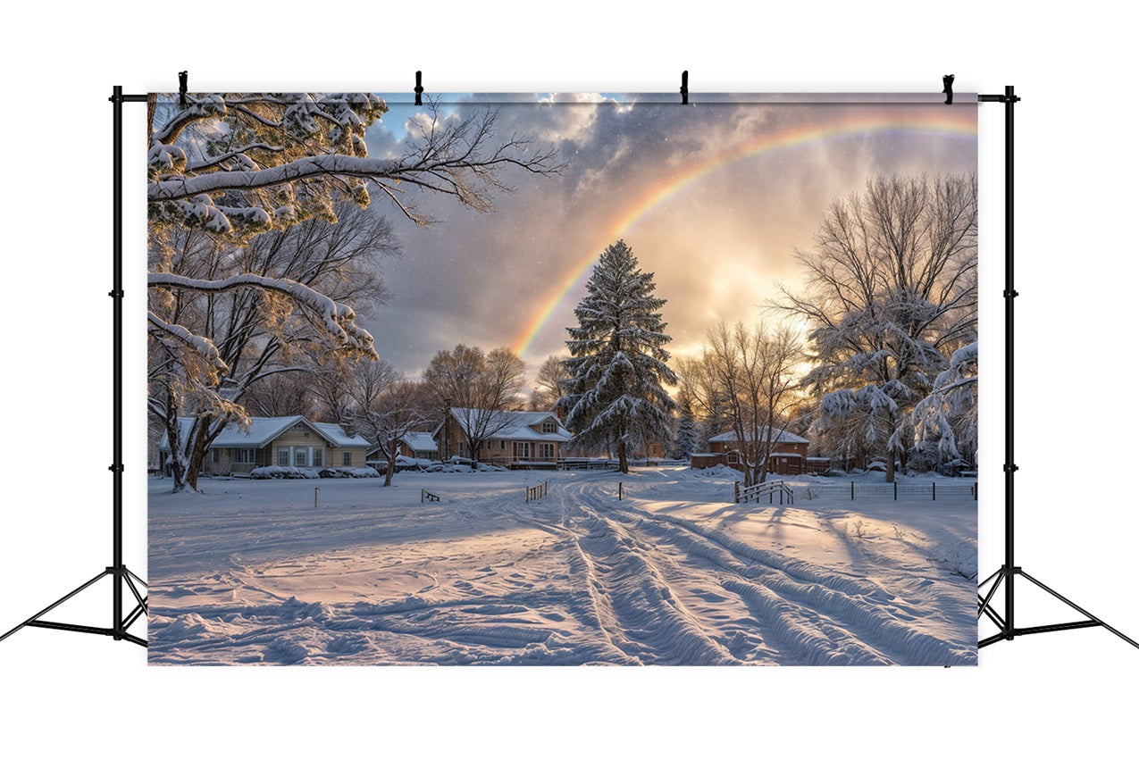 Snowy Horizon Rainbow Over Frosty Trees Backdrop BRP9-327