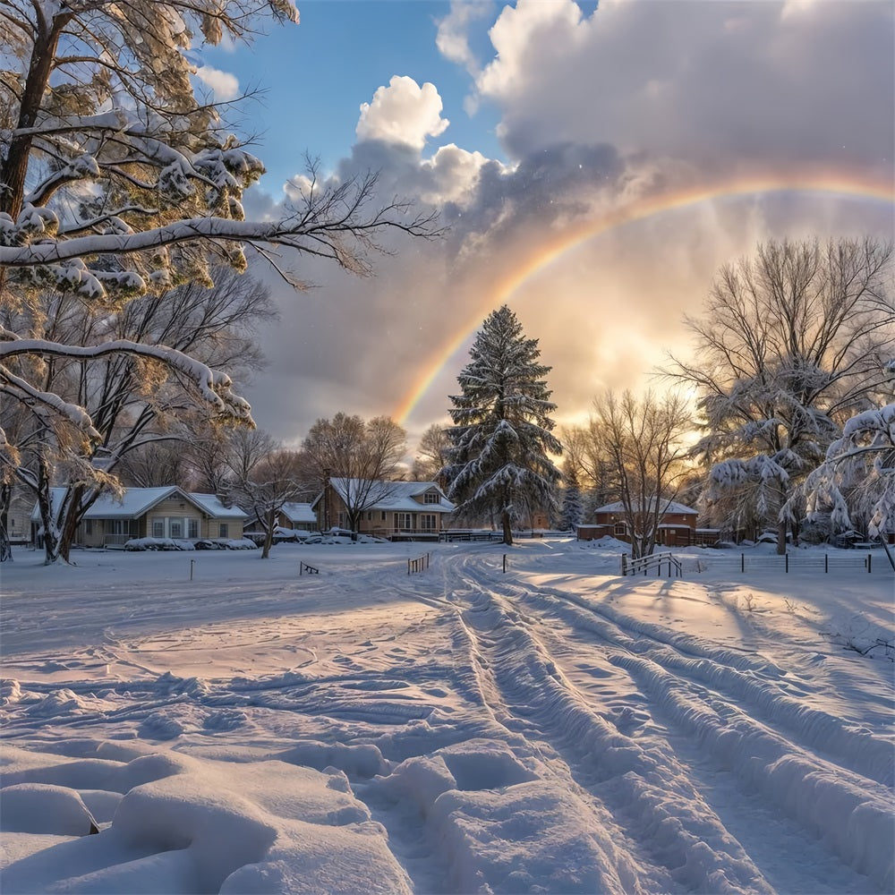 Snowy Horizon Rainbow Over Frosty Trees Backdrop BRP9-327