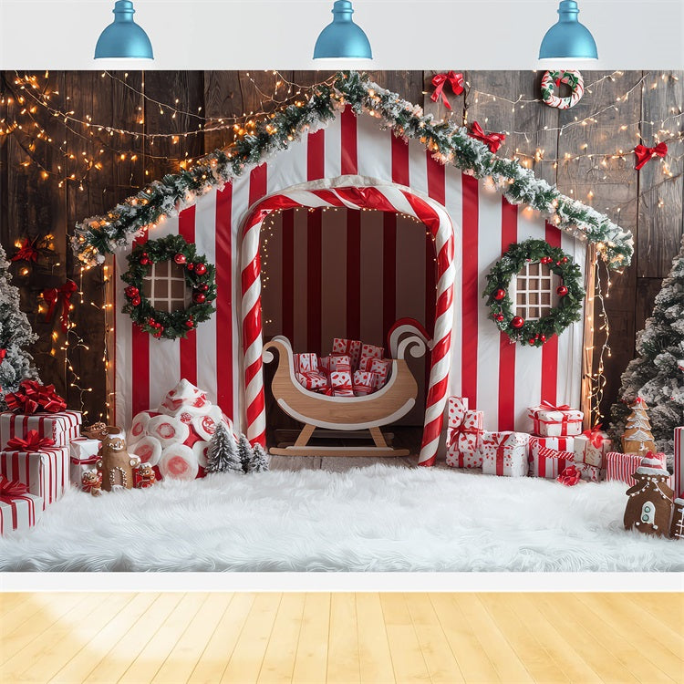 Winter Whimsical Candy Cane Striped House Backdrop BRP9-331