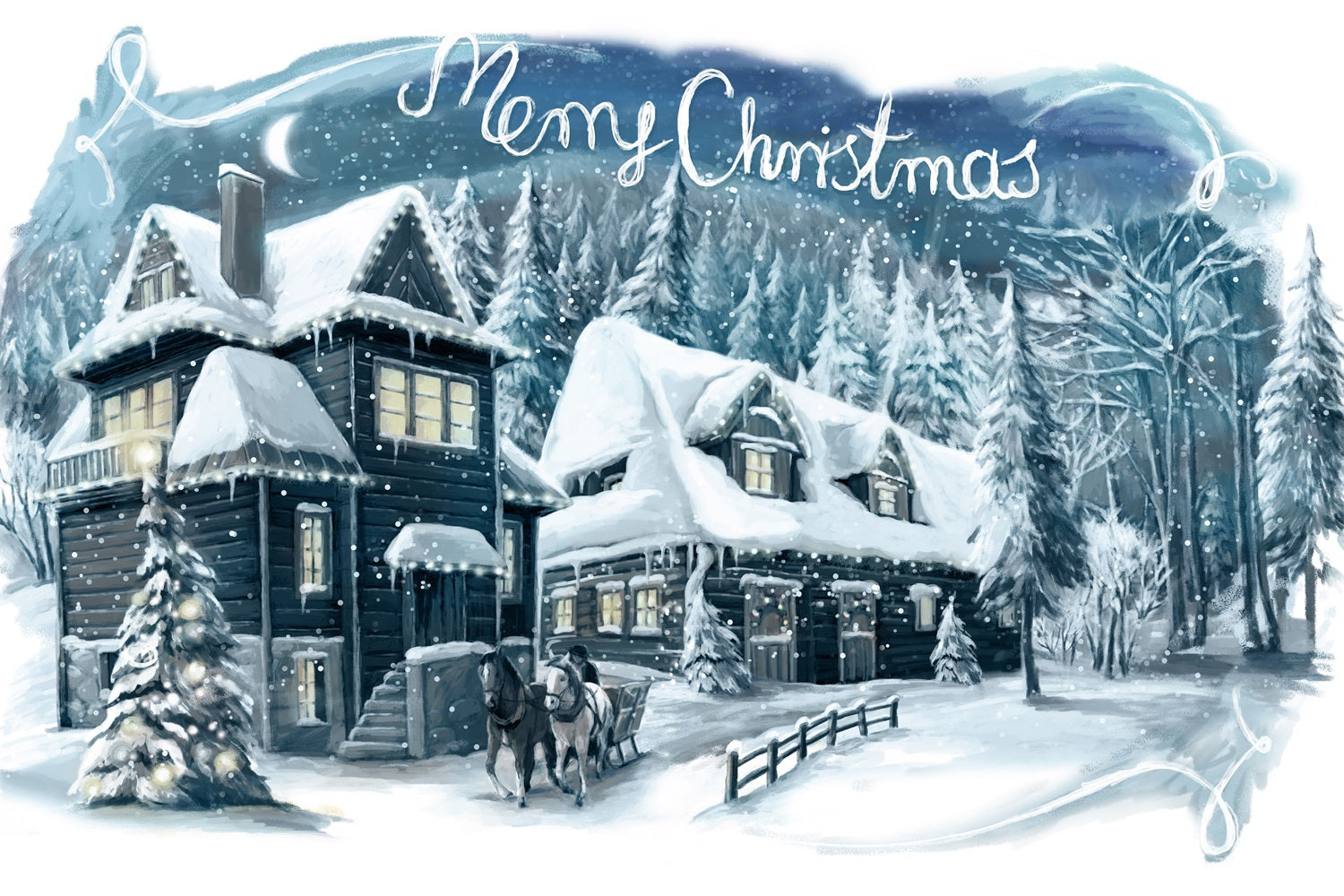 Charming Winter Cabin Snowfall Christmas Backdrop BRP9-349