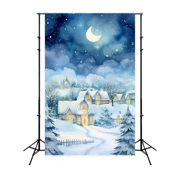 Moonlight Snow Covered Cozy Winter Cottage Backdrop BRP9-352