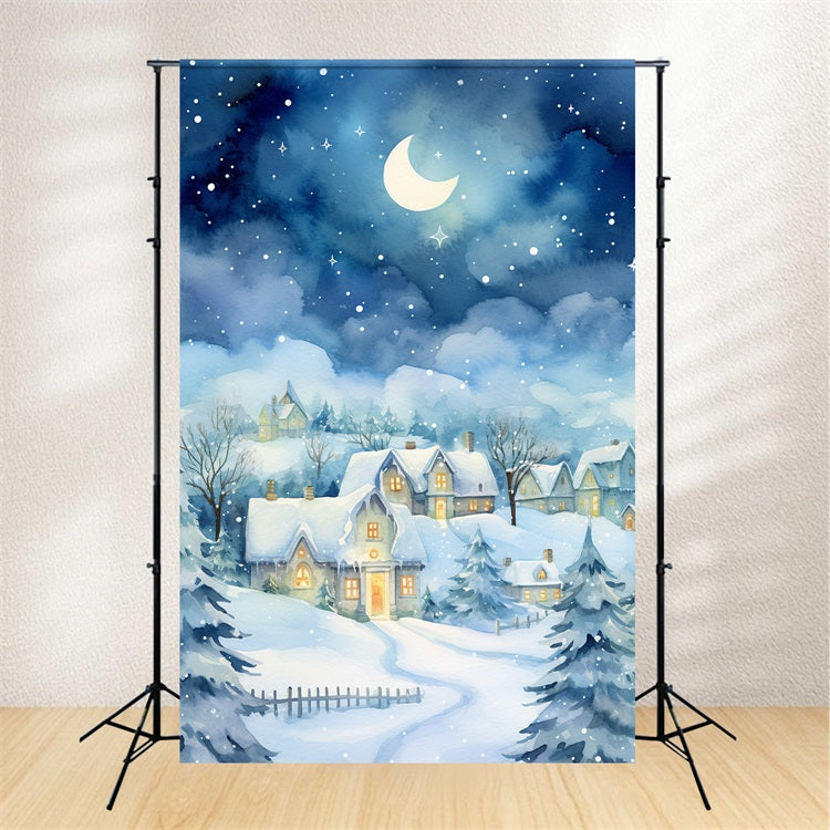 Moonlight Snow Covered Cozy Winter Cottage Backdrop BRP9-352