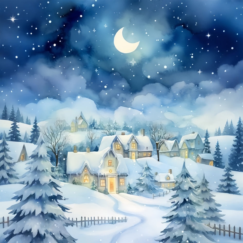 Moonlight Snow Covered Cozy Winter Cottage Backdrop BRP9-352