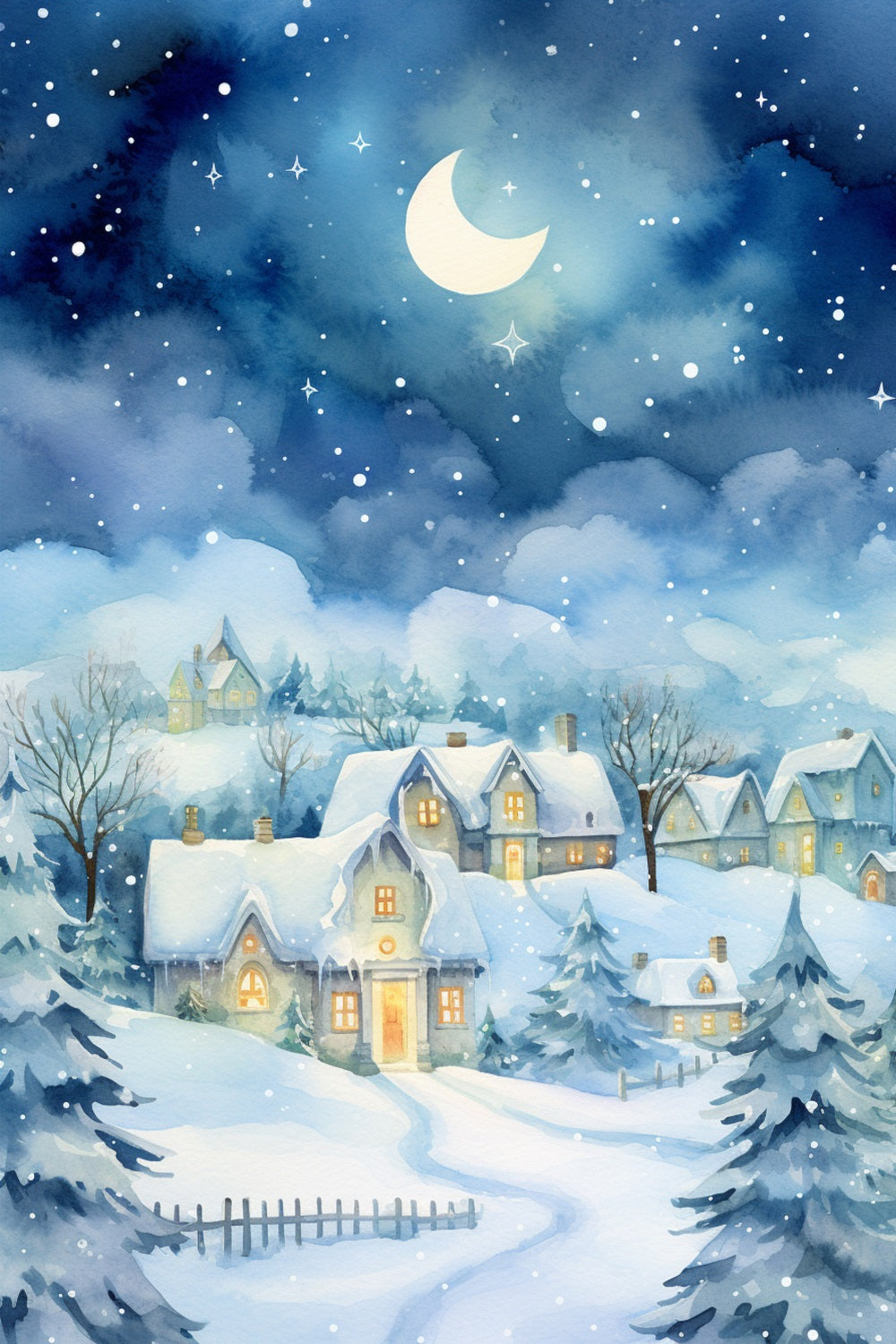 Moonlight Snow Covered Cozy Winter Cottage Backdrop BRP9-352