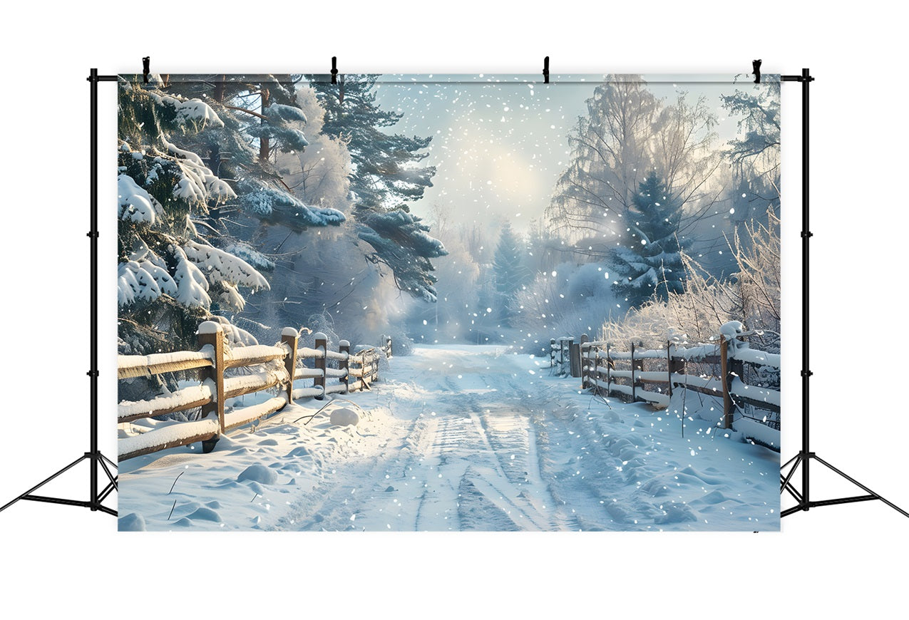 Winter Fence Snowy Woodland Road Backdrop BRP9-356