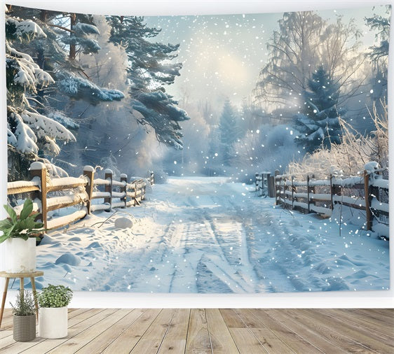 Winter Fence Snowy Woodland Road Backdrop BRP9-356