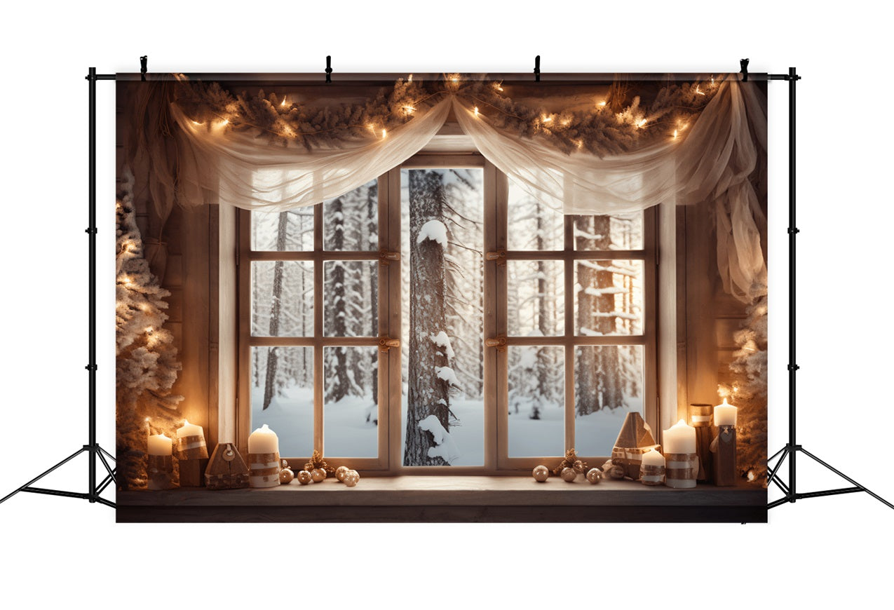 Frosty Forest View Decorated Cabin Window Backdrop BRP9-361