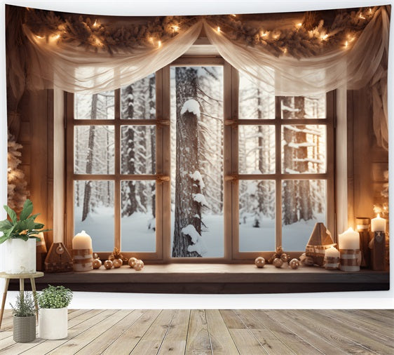 Frosty Forest View Decorated Cabin Window Backdrop BRP9-361