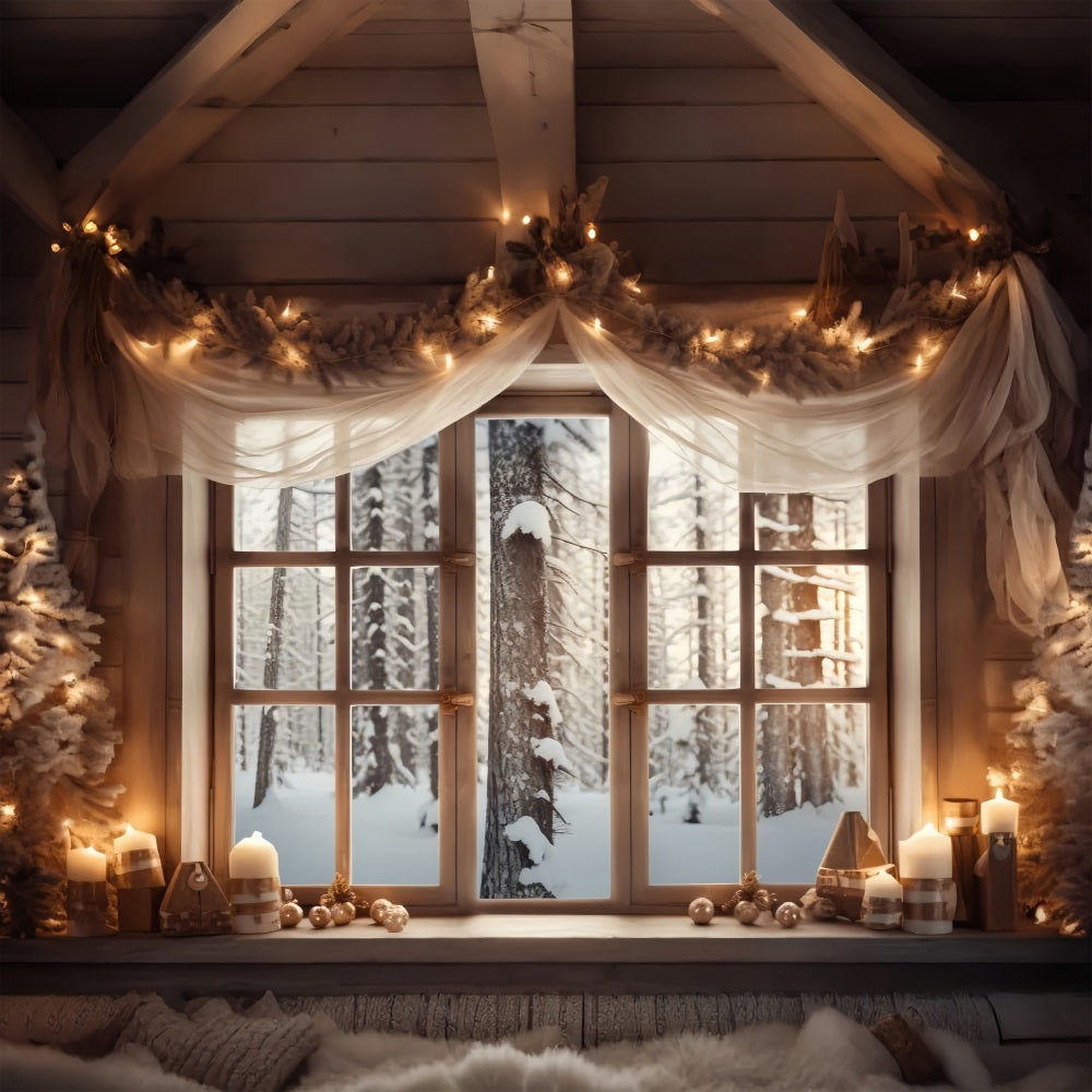 Frosty Forest View Decorated Cabin Window Backdrop BRP9-361