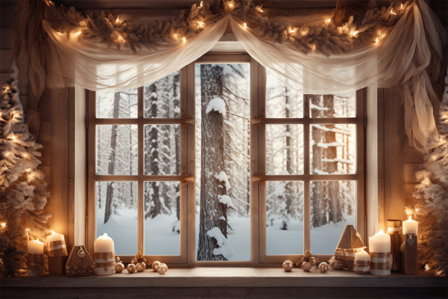 Frosty Forest View Decorated Cabin Window Backdrop BRP9-361