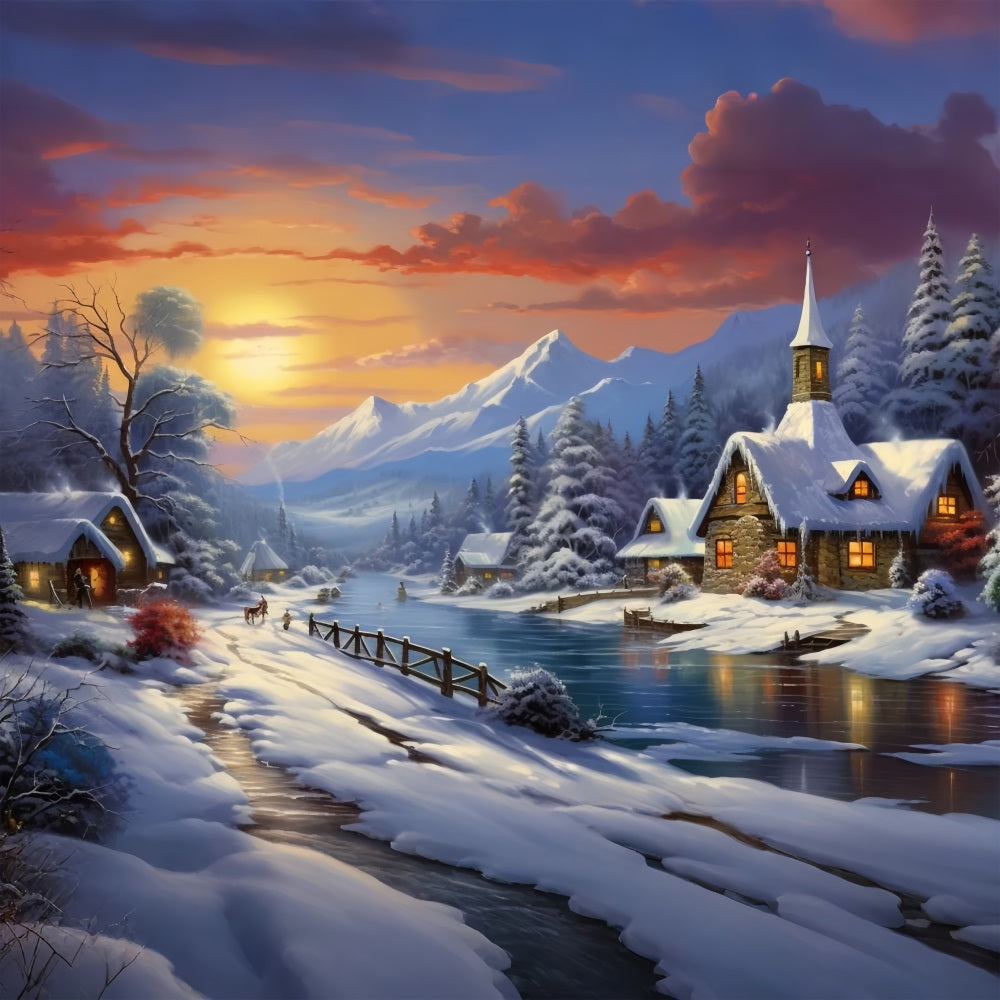 Winter Sunset Over Snowy Mountain Village Backdrop BRP9-362