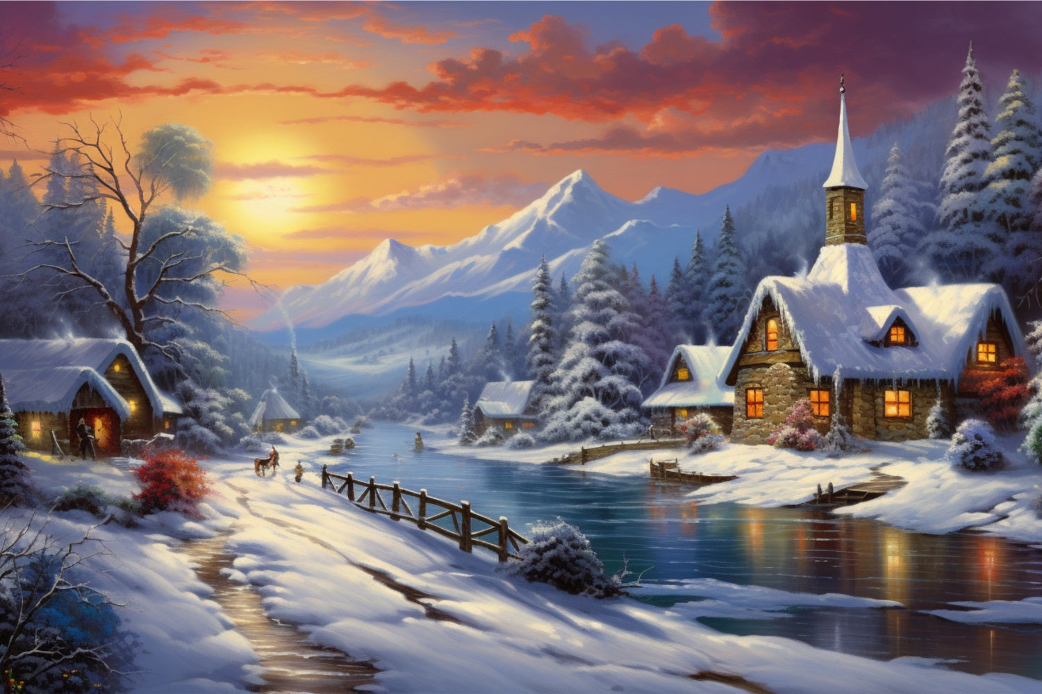 Winter Sunset Over Snowy Mountain Village Backdrop BRP9-362