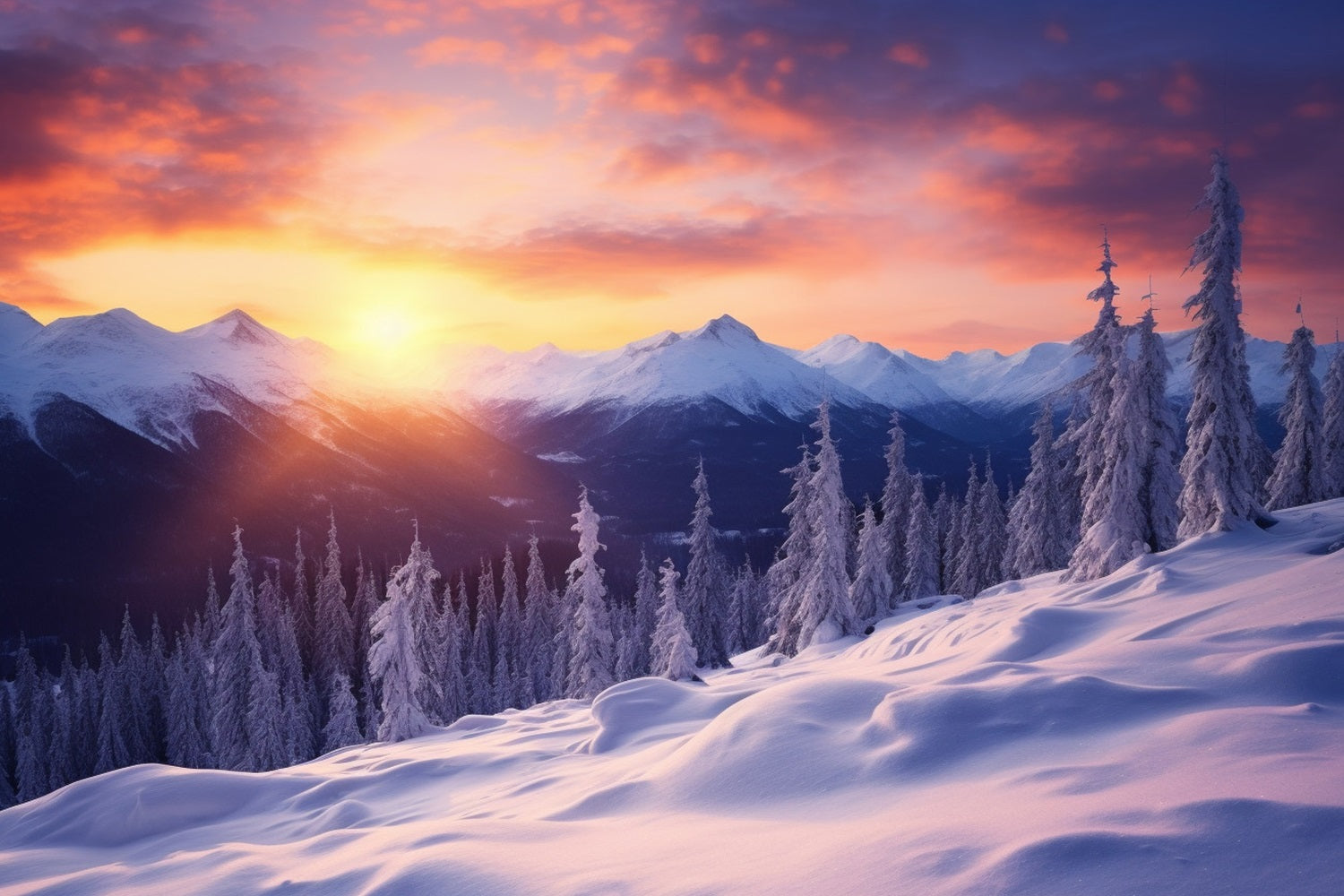 Winter Glow Snowy Forest Mountain Peaks Backdrop BRP9-366