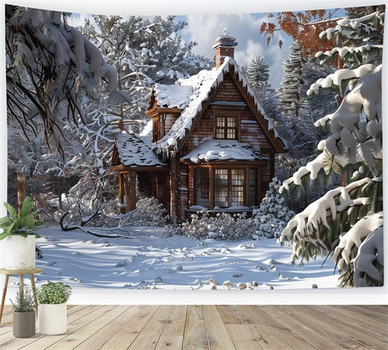 Winter Fairy Tale Cabin Amid Frosty Pines Backdrop BRP9-367