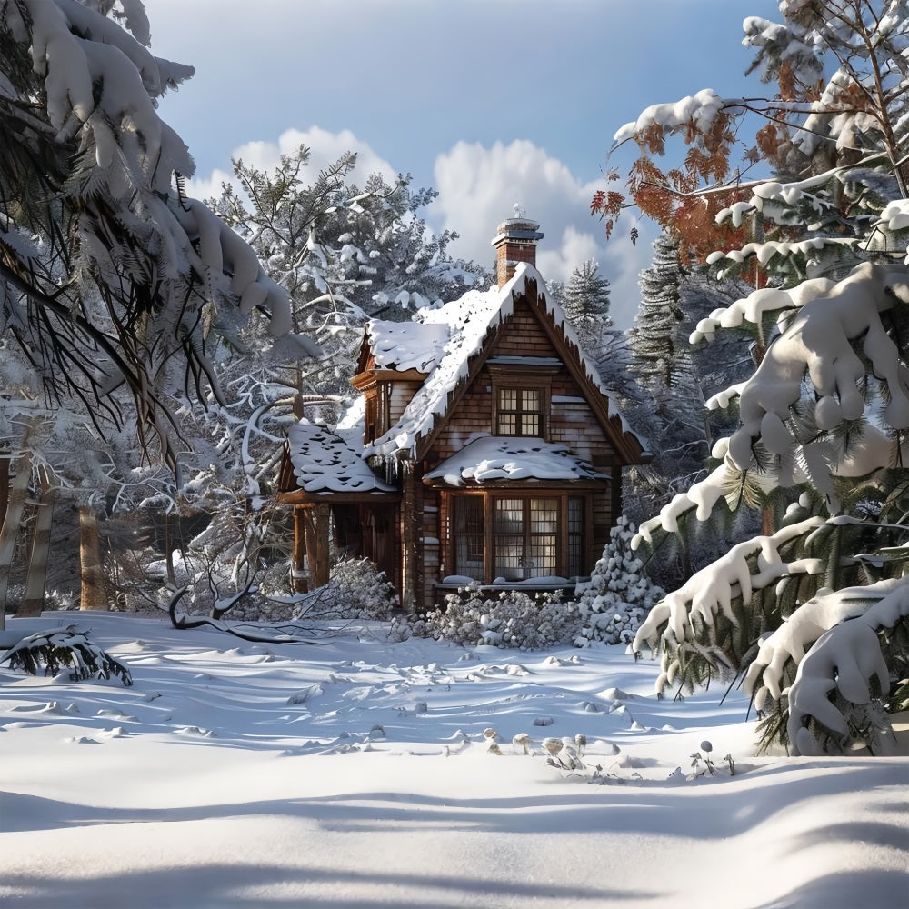 Winter Fairy Tale Cabin Amid Frosty Pines Backdrop BRP9-367