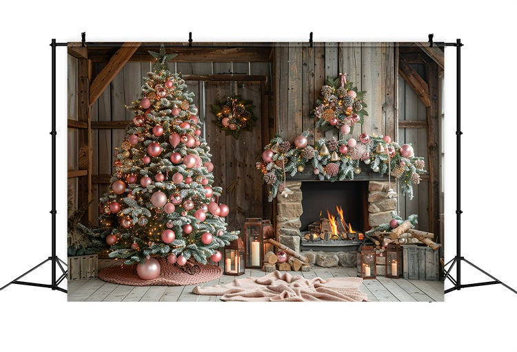 Cozy Pink Christmas Tree Fireplace Winter Backdrop BRP9-368