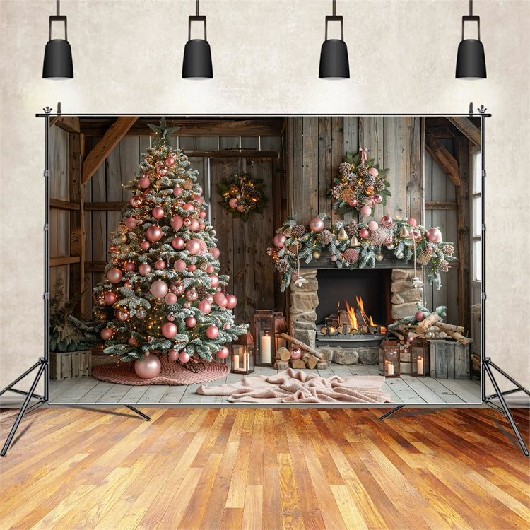 Cozy Pink Christmas Tree Fireplace Winter Backdrop BRP9-368