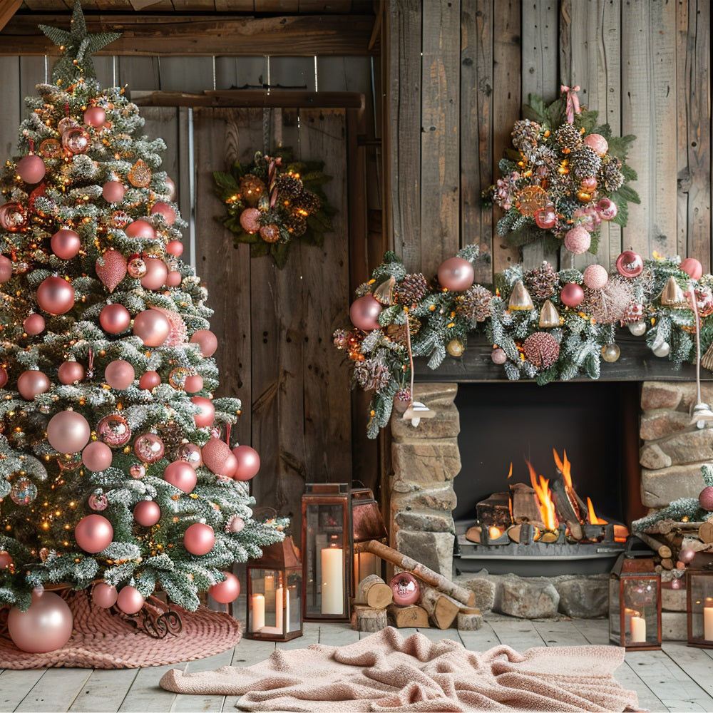 Cozy Pink Christmas Tree Fireplace Winter Backdrop BRP9-368