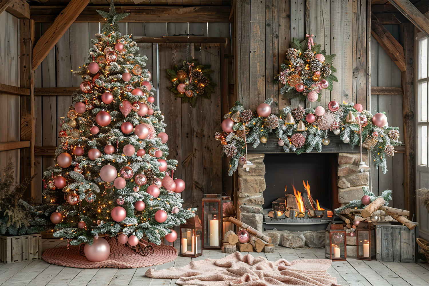 Cozy Pink Christmas Tree Fireplace Winter Backdrop BRP9-368