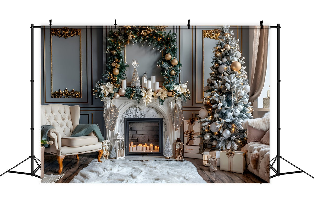 Winter Cozy Living Room Fireplace Scene Backdrop BRP9-369