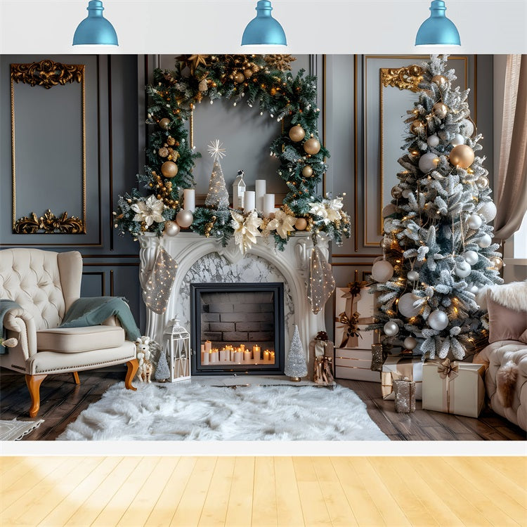 Winter Cozy Living Room Fireplace Scene Backdrop BRP9-369