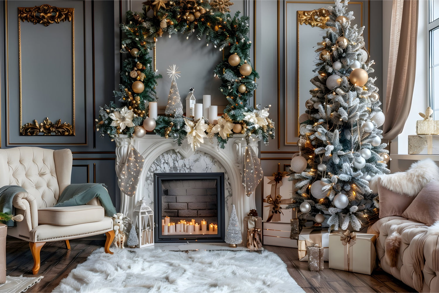 Winter Cozy Living Room Fireplace Scene Backdrop BRP9-369