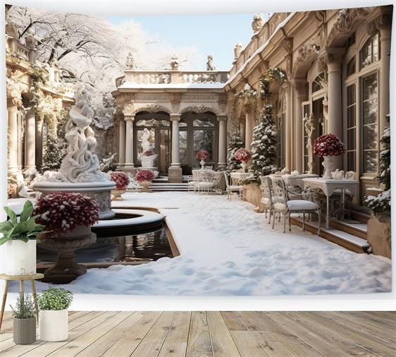 Winter Vintage Courtyard Flowers Snow Backdrop BRP9-371