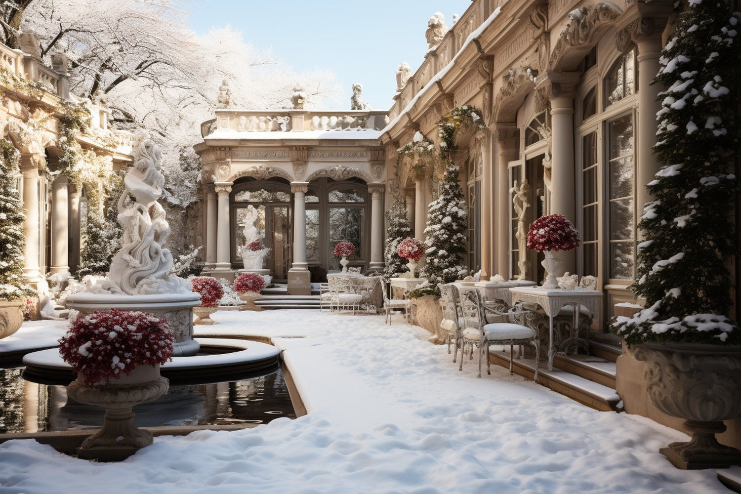 Winter Vintage Courtyard Flowers Snow Backdrop BRP9-371