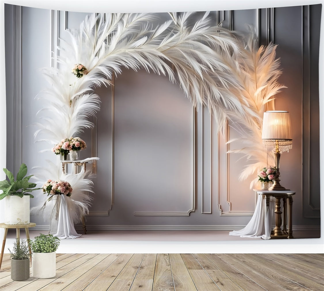 Sophisticated White Feather Floral Bohemian Backdrop BRP9-373