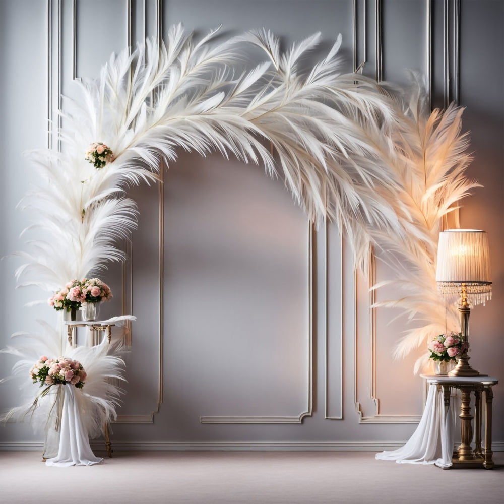 Sophisticated White Feather Floral Bohemian Backdrop BRP9-373