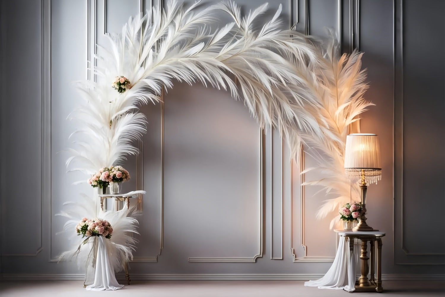 Sophisticated White Feather Floral Bohemian Backdrop BRP9-373